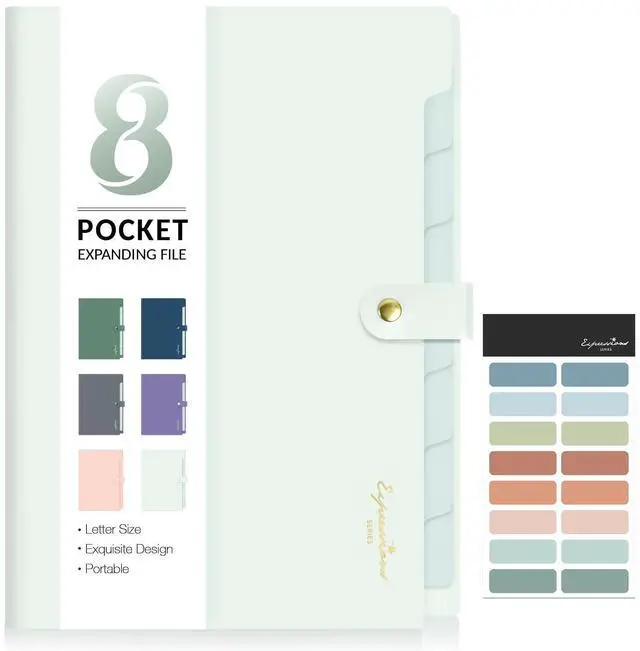 Main image of Elegant Accordion File Organizer, 8 Pocket Expanding File Folder | Portable Folders for Documents, Cute Paper Organizer with Label, for School Office College Supplies, Letter Size, Light Green