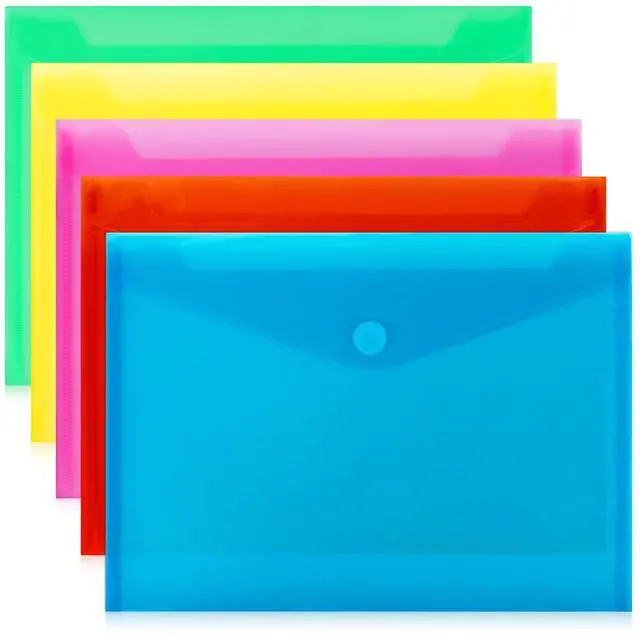 Main image of Plastic Envelopes with Closure- 5 Pack Reusable Poly File Folders | Waterproof Plastic Envelopes for Documents, A4 Letter Size, 5 Bright Colors for School Office Home Photo Puzzles Organization