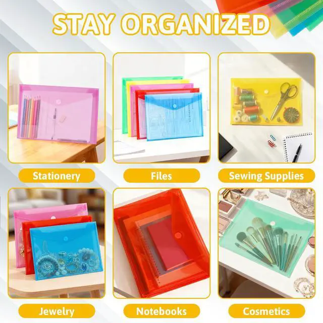 Alt view image 2 of 7 - Plastic Envelopes with Closure- 5 Pack Reusable Poly File Folders | Waterproof Plastic Envelopes for Documents, A4 Letter Size, 5 Bright Colors for School Office Home Photo Puzzles Organization