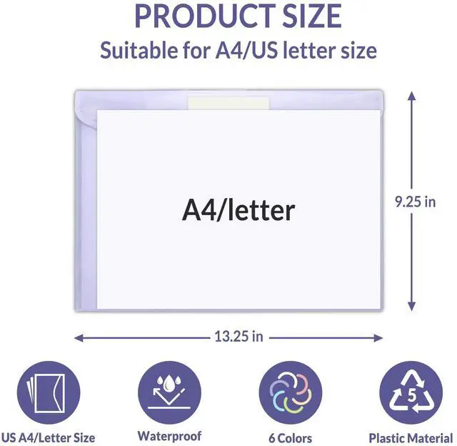 Alt view image 3 of 7 - 6 Pack Plastic Envelopes, Folders for Document for A4 Letter Size, Poly File Folders with Label Pockets for School Home Office Organizer Work Supplies, 6 Colors