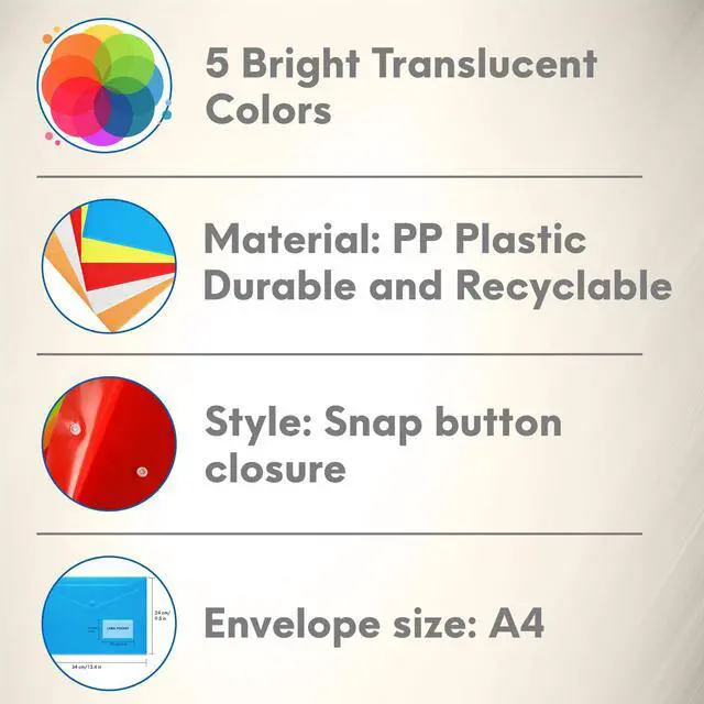 Alt view image 3 of 7 - 20 Pack Plastic Envelopes with Snap Closure & Label Pocket, 5 Colors, Reusable Poly Envelopes Waterproof for A4, US Letter Size, Important Document