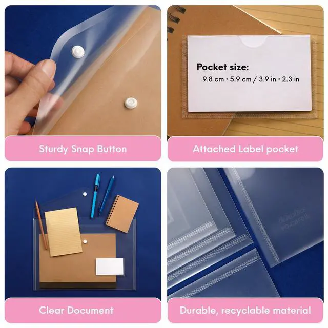 Alt view image 4 of 7 - 20 Pack Plastic Envelopes with Snap Closure & Label Pocket, 5 Colors, Reusable Poly Envelopes Waterproof for A4, US Letter Size, Important Document
