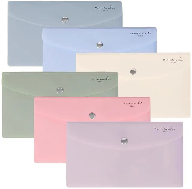 Main image of 9x5 Plastic Budget Envelopes for Cash System, Pastel Colors, 6 Pack | Bill Bags, Small Size, Receipt Holder, Soft Colors, Metal Snap Button Closure