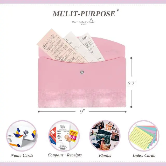 Alt view image 2 of 7 - 9x5 Plastic Budget Envelopes for Cash System, Pastel Colors, 6 Pack | Bill Bags, Small Size, Receipt Holder, Soft Colors, Metal Snap Button Closure