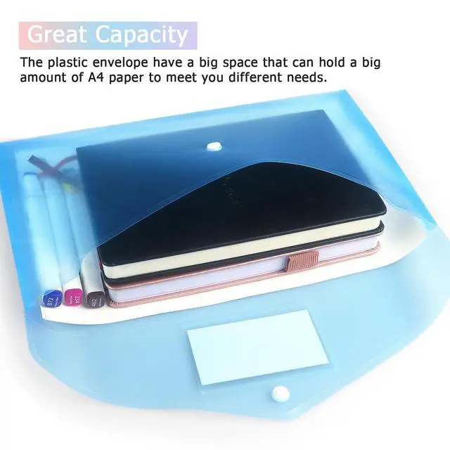 Alt view image 5 of 7 - 6 Pack Plastic Envelopes File Folders, Snap Button, A4 | with Label Pocket, Folder for Documents Letter A4 Size for Teacher School Office Supplies Organization Storage