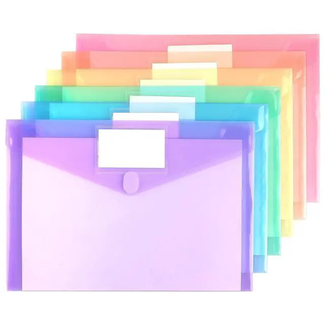 Alt view image 2 of 7 - 6 PCS File Folders Clear Poly Plastic Envelopes, A4, Multicolors | Hook and Loop with Label Pocket, Folder for Documents Letter A4 Size Teacher School Office Supplies Organization Storage