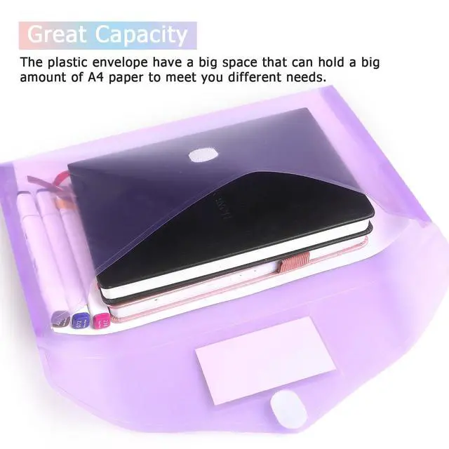 Alt view image 5 of 7 - 6 PCS File Folders Clear Poly Plastic Envelopes, A4, Multicolors | Hook and Loop with Label Pocket, Folder for Documents Letter A4 Size Teacher School Office Supplies Organization Storage