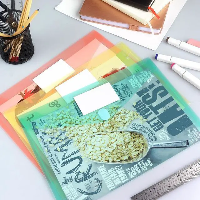 Alt view image 7 of 7 - 6 PCS File Folders Clear Poly Plastic Envelopes, A4, Multicolors | Hook and Loop with Label Pocket, Folder for Documents Letter A4 Size Teacher School Office Supplies Organization Storage