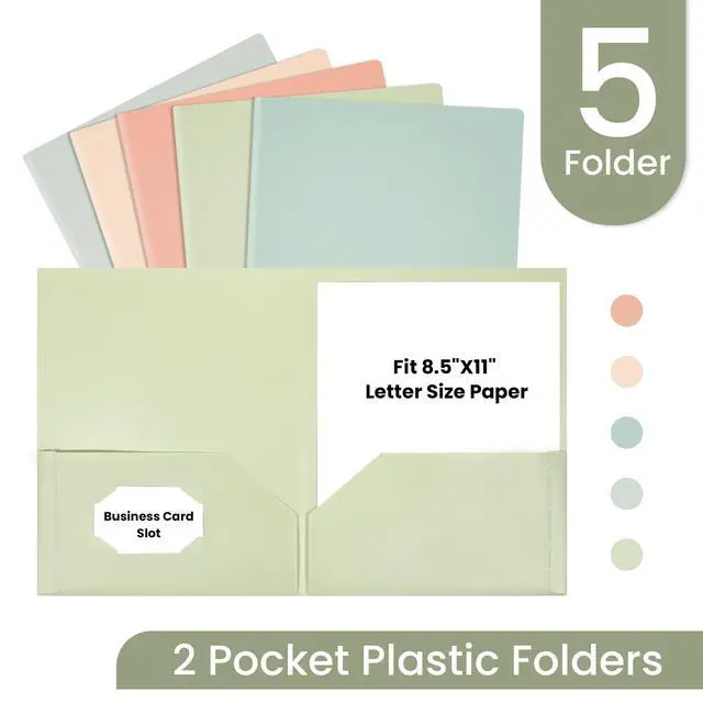 Alt view image 2 of 7 - Plastic Folders with Pockets, Pack of 5, Muted Pastel Colors, Heavy Duty 2 Pocket File Folders Letter Size, Pocket Folders for School, Home, and Office