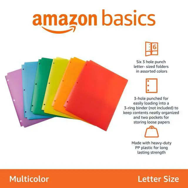 Alt view image 2 of 5 - Plastic 3-Hole Punch File Folders with 2 Pockets for Documents, Letter Size 8.5 x 11 inches, Assorted Colors, Pack of 6