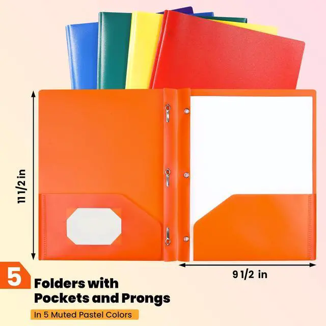 Alt view image 2 of 7 - Plastic Folders with Pockets and Prong, Pack of 5, Colored Heavy Duty 2 Pocket File Folders Letter Size, Folders with Prongs for School, Home, and Office