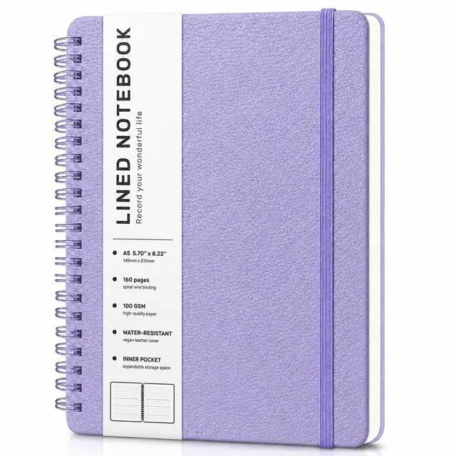 Main image of Lined Spiral Notebook for Women, A5 College Ruled Leather Spiral Journals | 160 Pages Small Journaling Notebooks, 5.7"x11" Note Book for Writing, Work, School, Men, Hardcover Leather Journals, Purple