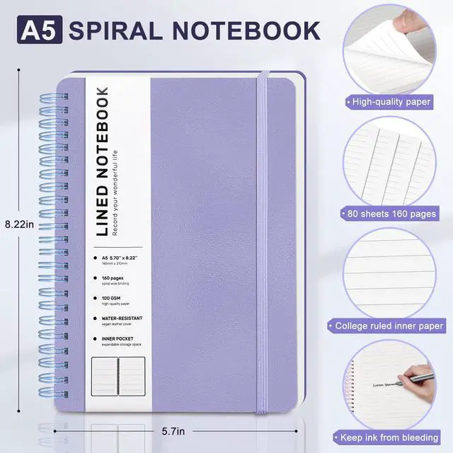 Alt view image 2 of 7 - Lined Spiral Notebook for Women, A5 College Ruled Leather Spiral Journals | 160 Pages Small Journaling Notebooks, 5.7"x11" Note Book for Writing, Work, School, Men, Hardcover Leather Journals, Purple