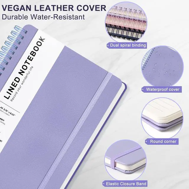 Alt view image 4 of 7 - Lined Spiral Notebook for Women, A5 College Ruled Leather Spiral Journals | 160 Pages Small Journaling Notebooks, 5.7"x11" Note Book for Writing, Work, School, Men, Hardcover Leather Journals, Purple