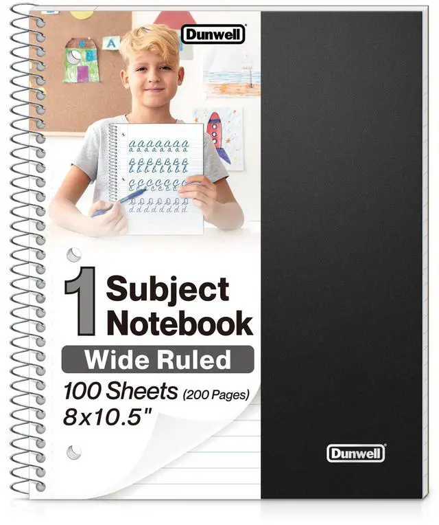 Main image of 1-Subject Notebook 8x10.5, Wide Ruled, 200 Pages, Black | 100 Sheets (200 Pages), Wide Ruled Paper, Divider with Pockets, 3-Hole Punched & Perforated Pages