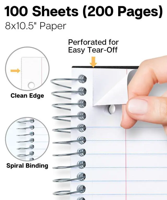 Alt view image 3 of 7 - 1-Subject Notebook 8x10.5, Wide Ruled, 200 Pages, Black | 100 Sheets (200 Pages), Wide Ruled Paper, Divider with Pockets, 3-Hole Punched & Perforated Pages