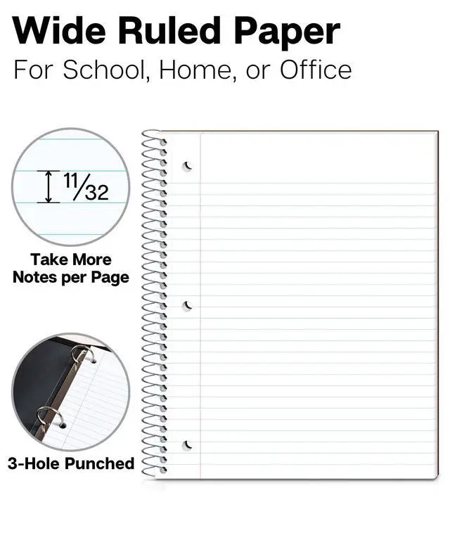 Alt view image 2 of 7 - 1-Subject Notebook 8x10.5, Wide Ruled, 200 Pages, Black | 100 Sheets (200 Pages), Wide Ruled Paper, Divider with Pockets, 3-Hole Punched & Perforated Pages