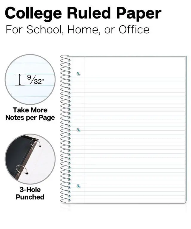 Alt view image 2 of 7 - 1-Subject College Ruled Spiral Notebook 8.5x11, 100 Sheets, Blue | Plastic Cover, Pocket Divider, 3-Hole Punched, Perforated Pages, Fits 8.5x11 Paper