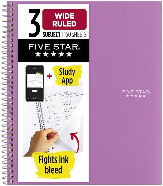 Main image of Spiral Notebook + Study App, 3 Subject, Wide Ruled Paper, 8" x 10-1/2", 150 Sheets, Fights Ink Bleed, Water Resistant Cover, Amethyst Purple (38737)