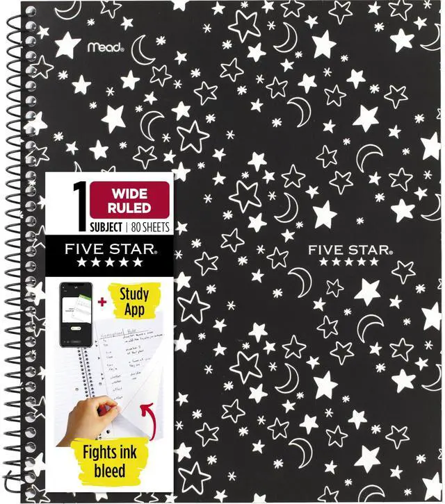 Main image of Spiral Notebook + Study App, 1 Subject, Wide Ruled, 8" x 10-1/2", 80 Sheets, Fights Ink Bleed, Water Resistant Cover, Black Stars Glow in the Dark (930020F)