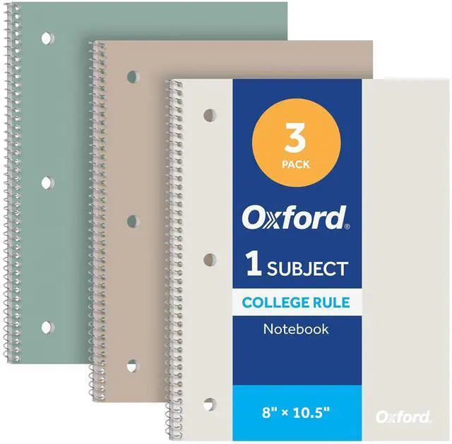 Main image of Spiral Notebooks, 3 Pack, College Ruled, 70 Sheets, Earthtone Covers | 3 hole punched to fit any binder. Perforated sheets tear out easily. Color coded covers. One notebook per subject.