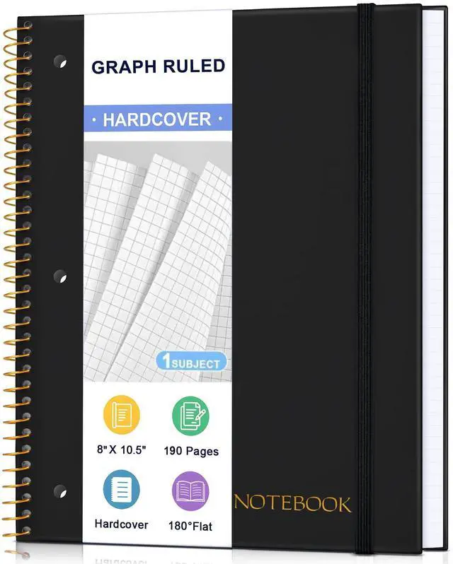 Main image of Spiral Notebook Graph Ruled Paper 8" x 10 1/2", 1 Subject Spiral Grid Notebook 3-Hole Punched Perforated Page Ideal for School, Office, Writing, 95 Sheets Lined Journaling Graphing Notebook, Black
