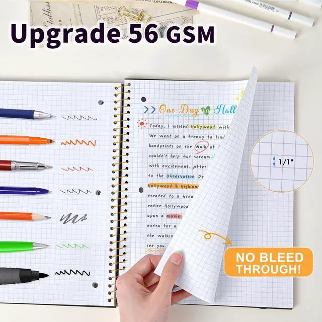 Alt view image 4 of 7 - Spiral Notebook Graph Ruled Paper 8" x 10 1/2", 1 Subject Spiral Grid Notebook 3-Hole Punched Perforated Page Ideal for School, Office, Writing, 95 Sheets Lined Journaling Graphing Notebook, Black