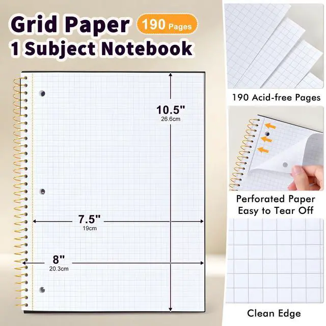 Alt view image 5 of 7 - Spiral Notebook Graph Ruled Paper 8" x 10 1/2", 1 Subject Spiral Grid Notebook 3-Hole Punched Perforated Page Ideal for School, Office, Writing, 95 Sheets Lined Journaling Graphing Notebook, Black
