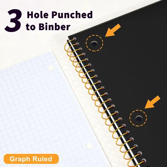 Alt view image 6 of 7 - Spiral Notebook Graph Ruled Paper 8" x 10 1/2", 1 Subject Spiral Grid Notebook 3-Hole Punched Perforated Page Ideal for School, Office, Writing, 95 Sheets Lined Journaling Graphing Notebook, Black