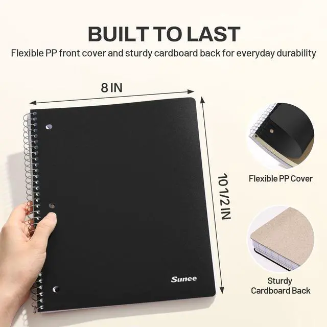 Alt view image 3 of 7 - Spiral Notebook, 1-Subject, College Ruled Paper, 8" x 10-1/2", 100 Sheets per Notebook, 3-Hole Punched Paper, Water Resistant Cover, Double-sided Pockets, Spiral Lined Notebooks for Work, Black