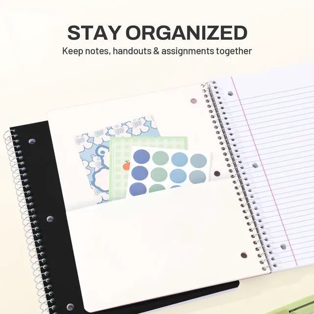 Alt view image 2 of 7 - Spiral Notebook, 1-Subject, College Ruled Paper, 8" x 10-1/2", 100 Sheets per Notebook, 3-Hole Punched Paper, Water Resistant Cover, Double-sided Pockets, Spiral Lined Notebooks for Work, Black