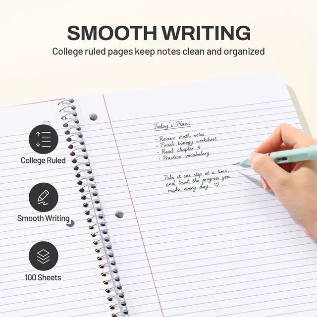 Alt view image 4 of 7 - Spiral Notebook, 1-Subject, College Ruled Paper, 8" x 10-1/2", 100 Sheets per Notebook, 3-Hole Punched Paper, Water Resistant Cover, Double-sided Pockets, Spiral Lined Notebooks for Work, Black