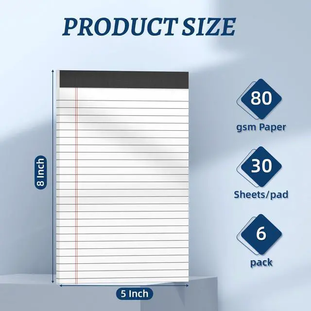 Alt view image 2 of 7 - 6 Pack 5 x 8 Inch White Legal Pads, Double-Sided Lined Notepads with Hard Backing for Office, School & Home, Thick Perforated No-Bleed Paper for Students, Teachers & Professionals