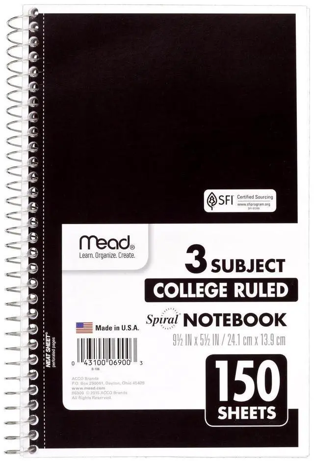 Main image of Small Spiral Notebook, 3-Subject, College Ruled Paper, 9-1/2" x 5-1/2", 150 Sheets per Notebook, Color Will Vary, 1 Count (06900)