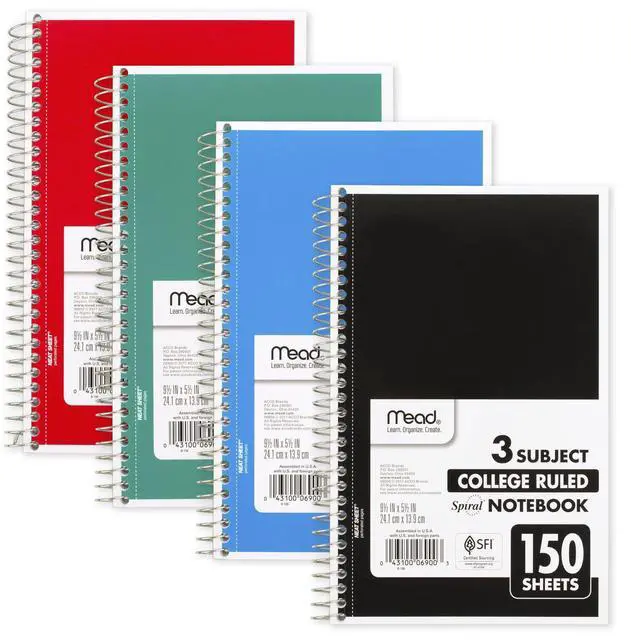 Alt view image 2 of 7 - Small Spiral Notebook, 3-Subject, College Ruled Paper, 9-1/2" x 5-1/2", 150 Sheets per Notebook, Color Will Vary, 1 Count (06900)