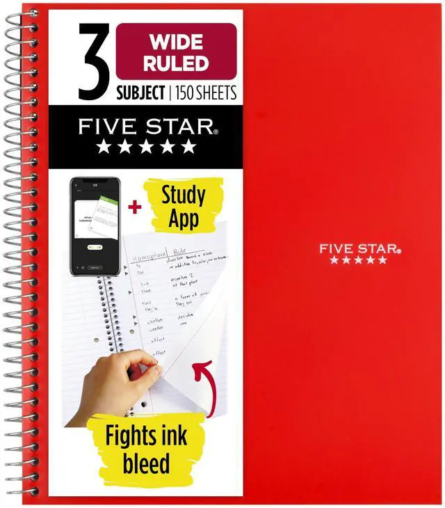Main image of Spiral Notebook + Study App, 3 Subject, Wide Ruled Paper, 10-1/2" x 8", 150 Sheets, Red (72029)