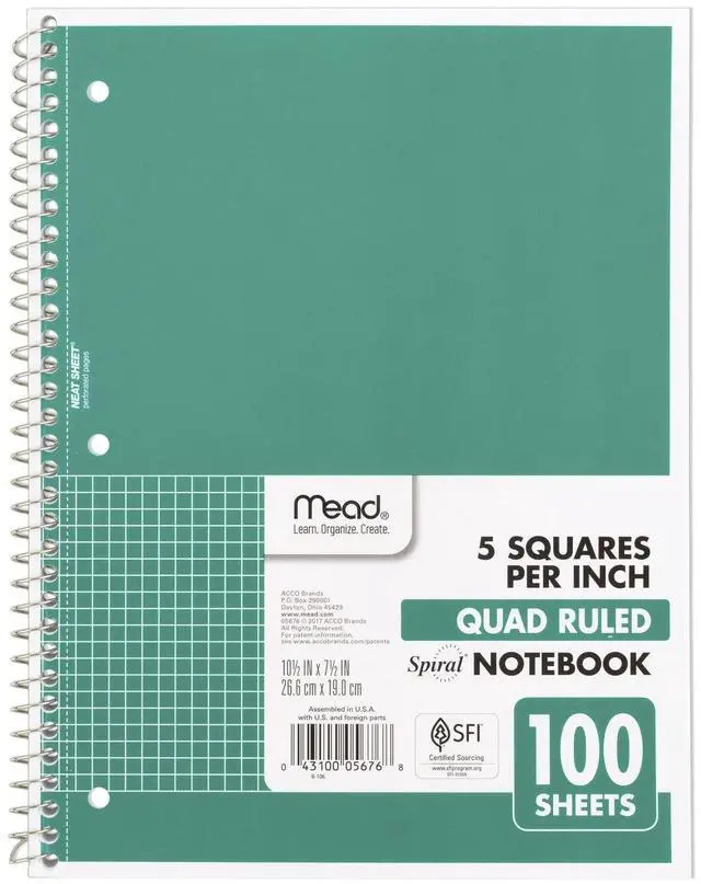 Main image of Spiral Notebook, 1 Subject, Graph Ruled Paper, 7-1/2" x 10-1/2", 100 Sheets, Green (05676AC5)