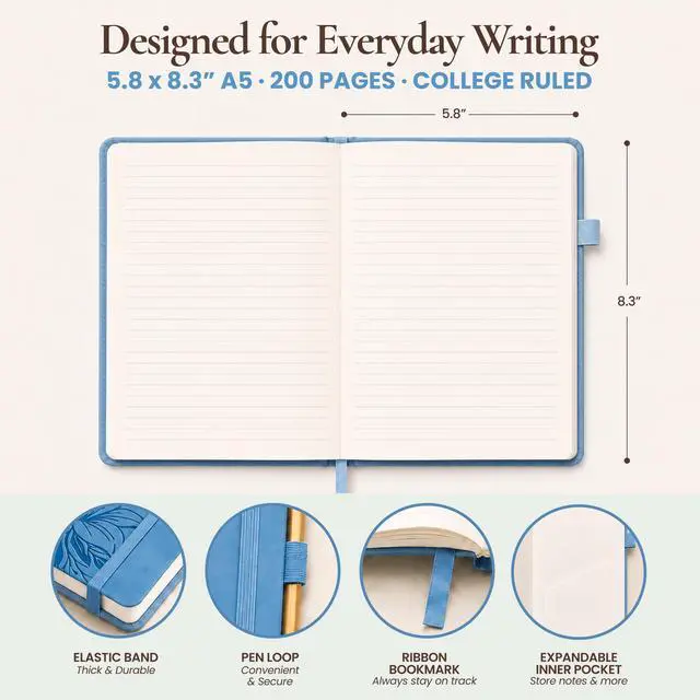 Alt view image 3 of 7 - Lined Journal Notebook Hardcover Leather Bound 200 Pages A5 Blue Cute Diary | College Ruled 5.7x8.4" Journaling Notebooks for Women, Floral Aesthetic Journals for Writing, Small Travel Daily Note Book