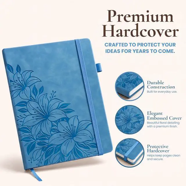 Alt view image 4 of 7 - Lined Journal Notebook Hardcover Leather Bound 200 Pages A5 Blue Cute Diary | College Ruled 5.7x8.4" Journaling Notebooks for Women, Floral Aesthetic Journals for Writing, Small Travel Daily Note Book