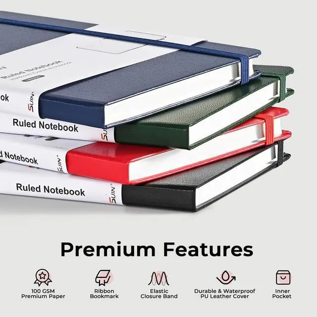 Alt view image 2 of 7 - A5 Hardcover Lined Notebook, 192 Pages, 100 GSM, Black | Clean Full-Page Rules, Smooth 100 GSM Paper, Splash-Resistant Cover, Thread-Sewn Binding, Matching Ribbon, Elastic & Pocket