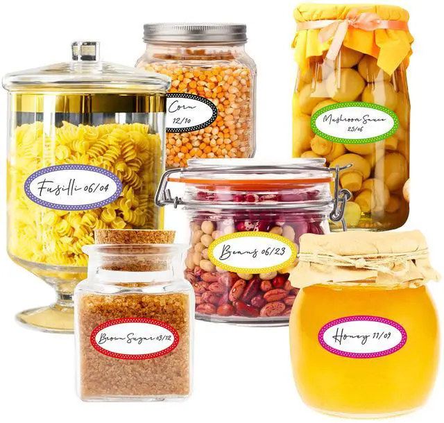 Alt view image 5 of 6 - 500 Removable Freezer Pantry Canning Labels, 8 Colorful Polka Borders, Water Oil Resistant with Perforation Line for Food Containers Jars Kitchen Restaurant Storage Organization