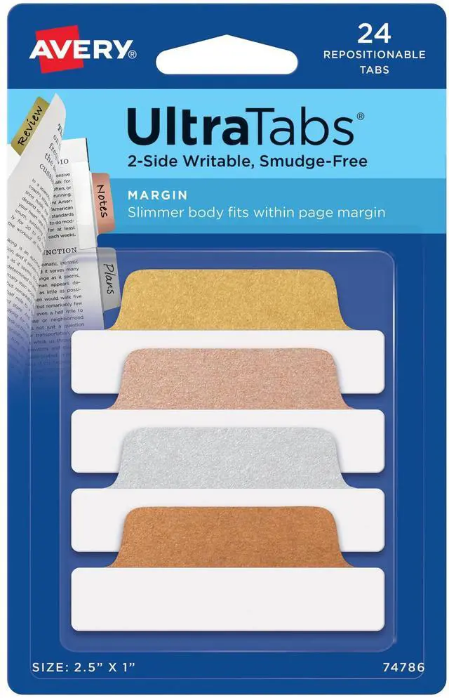 Main image of Margin Ultra Tabs, 2.5" x 1", 24 Metallic Tabs | For Marking Pages in Books and Planners, Clear Body See-Through Design, 2-Side Writable, Smudge-Resistant, Fits Margins