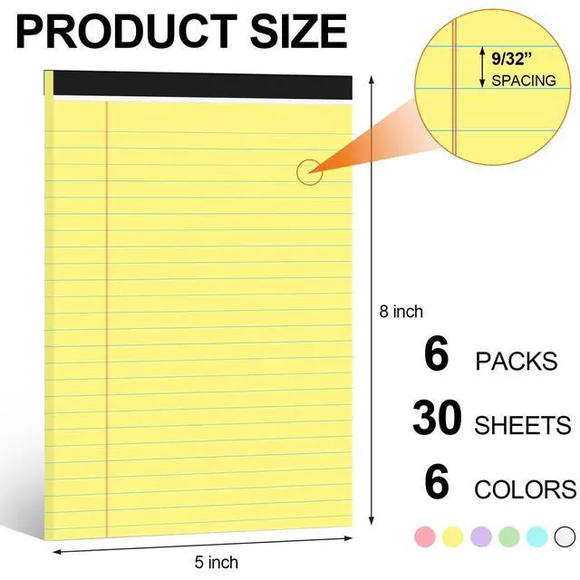 Alt view image 2 of 7 - 6 PCS Small Legal Pads 5x8 Colorful, Narrow Ruled Small Note Pads 5x8, Micro Perforated Writing Pad, College Ruled Legal Notepads 5x8 for Study, Office, To-Do Lists(30 Sheets/Small Notepad)