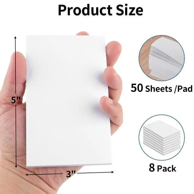 Alt view image 2 of 7 - 8 Pack Note Pads 3x5, Blank Server Notepad Scratch Pads, 50 Sheets Each | 80 GSM Thick White Paper for Writing, Quick Notes, Grocery Shopping Lists, Small Mini Memo Notebook for Home and Office