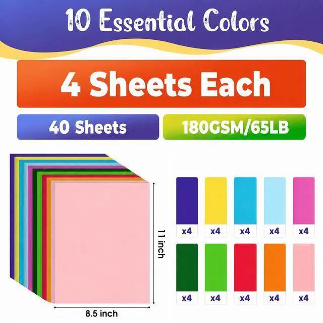 Alt view image 2 of 7 - 40 Sheets Colored Cardstock Paper 8.5 x 11, 10 Colors Card Stock | 10 Assorted Colors Construction Paper, 180gsm/65lb Heavyweight Printer Paper, for Crafts, DIY Card Making, Scrapbooking