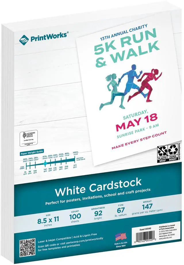 Main image of White Cardstock 8.5" x 11" - 67 lb/147 gsm Vellum Bristol - 100 Sheets - Made in the USA - SFI® Certified - 92 Bright - Card Stock Printer Paper for School, Craft, & Office Use (00540)