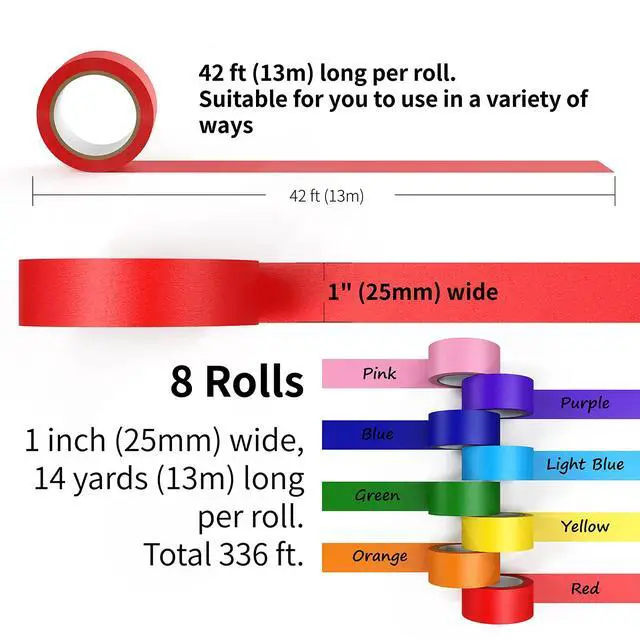 Alt view image 2 of 7 - Colored Masking Tape, Color Painters Tape for Kids, 8 Rolls 1 inch Wide x 14 Yards Each, Colorful Paper Tapes Rainbow Colors for Labeling Packing, Painter Tape Variety Pack, Craft Tape