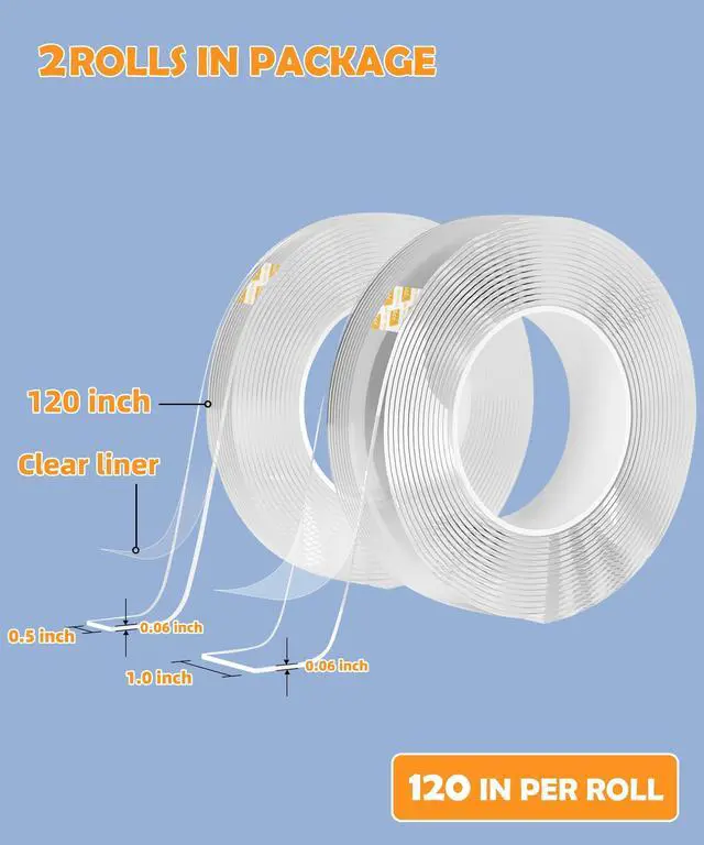 Alt view image 2 of 7 - 2 Rolls Double Sided Tape Heavy Duty - 240" x 1.0" & 0.5" - Removable Mounting Tape for Poster Picture Hanging Carpet Strip Rug Wall Outdoor - Clear & Strong Nano Tape Adhesive Multipurpose - 20 Feet