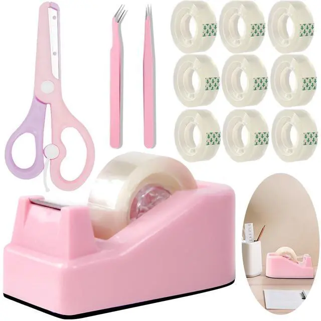 Main image of Desktop Tape Dispenser Kits with Weighted Nonskid Base Tape Dispenser- Includes 9 Rolls of Transparent Tape(0.71 Inch x 500 inches Each) & Pink Scissors, 2 Pcs Tweezers (Pink)