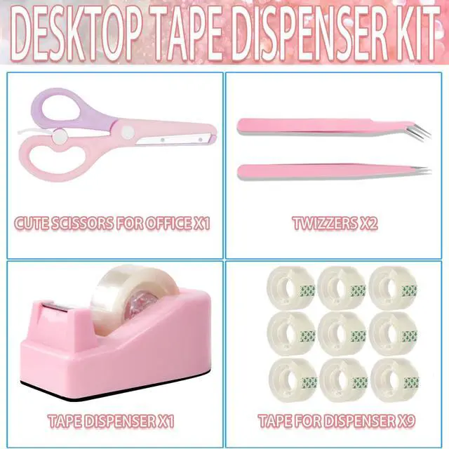 Alt view image 3 of 7 - Desktop Tape Dispenser Kits with Weighted Nonskid Base Tape Dispenser- Includes 9 Rolls of Transparent Tape(0.71 Inch x 500 inches Each) & Pink Scissors, 2 Pcs Tweezers (Pink)
